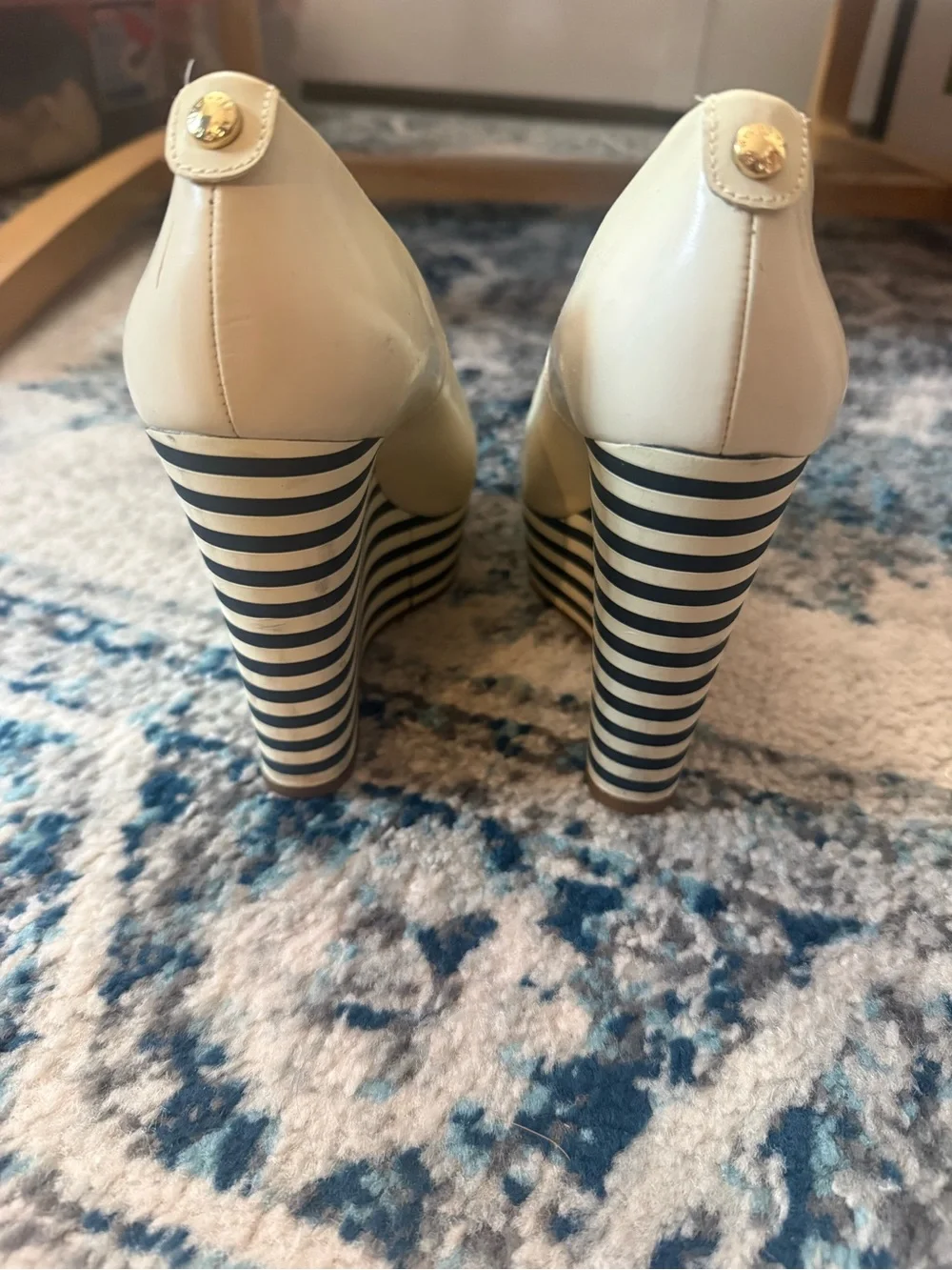 Cream Striped Wedge Pumps - Women